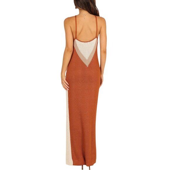 Petal and Pup Crochet Knit Halter Maxi Dress Tan Cream Rust - Picture 3 of 12